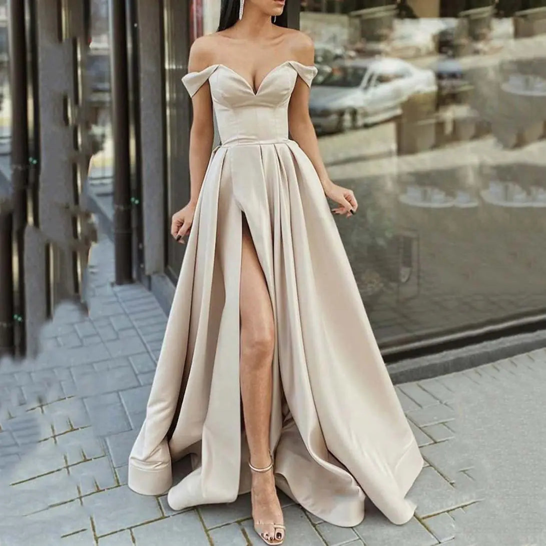 Multicolor V-neck Backless Tube Top Dress for Women showcased on a model wearing a stylish off-shoulder gown.